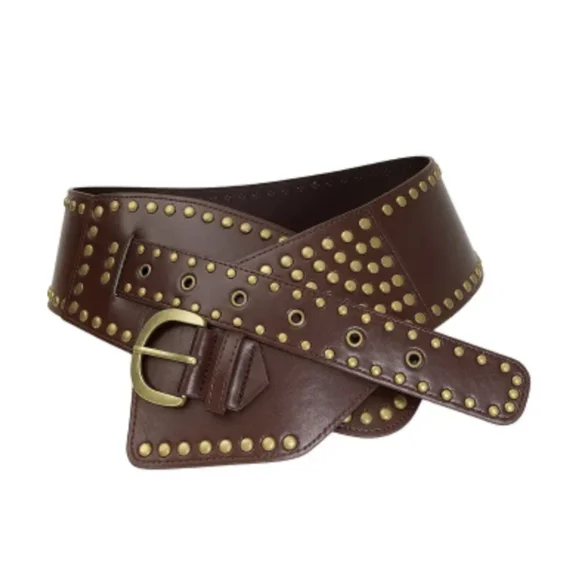 Belt M L Wide Studded Rocker Belts Retro Punk Fashion Brown Black Belt - Picture 5 of 14